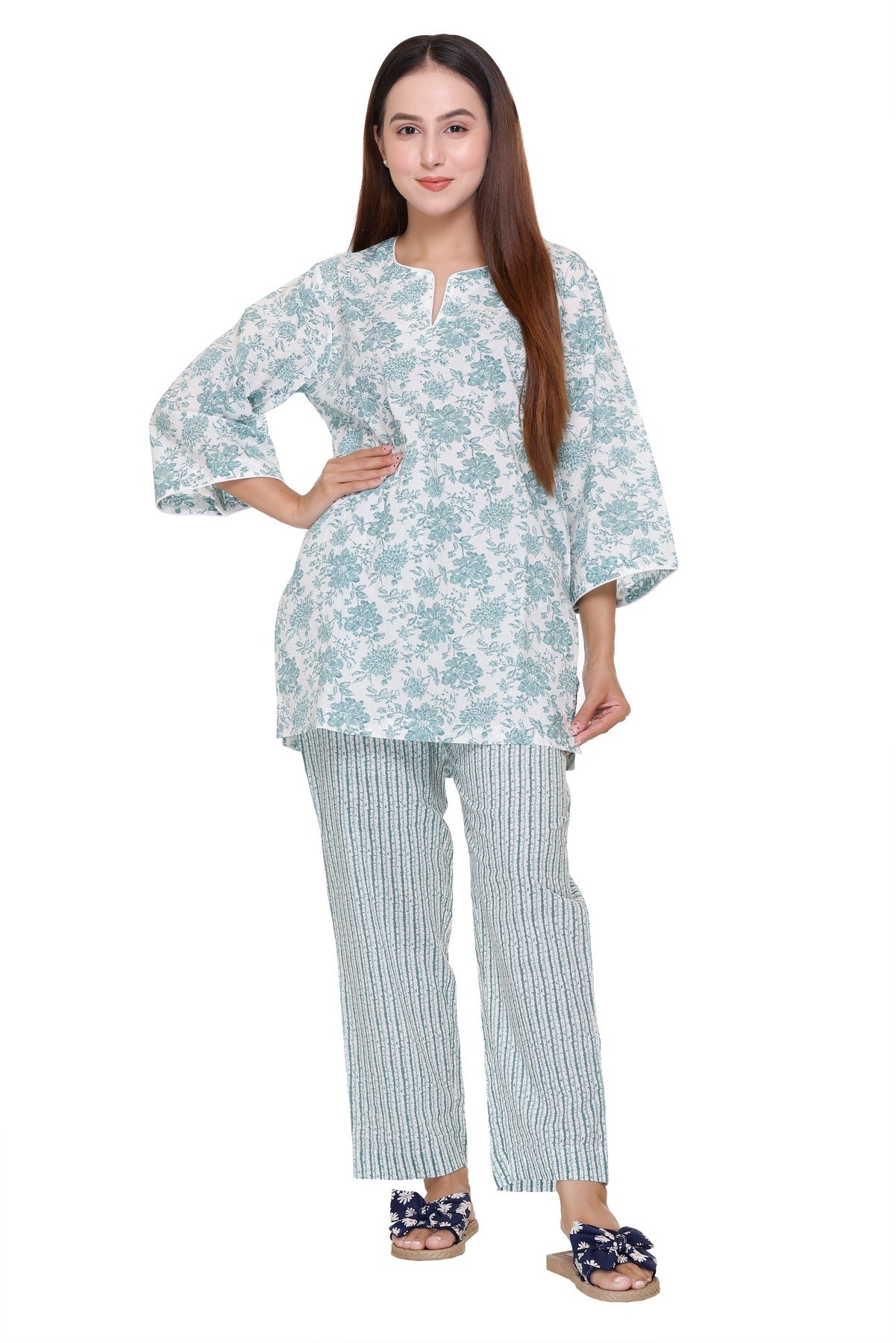 Floral Top with Striped Lower Night suit(Sea Green)