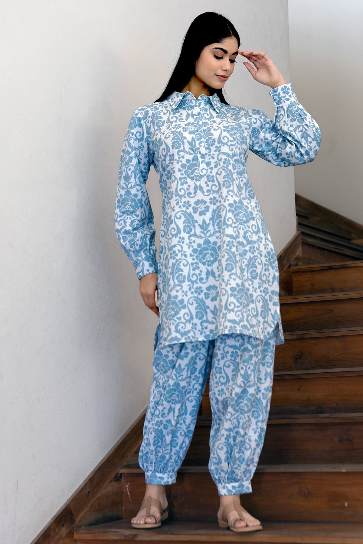 Blue Floral Print Cotton Linen Coord Set