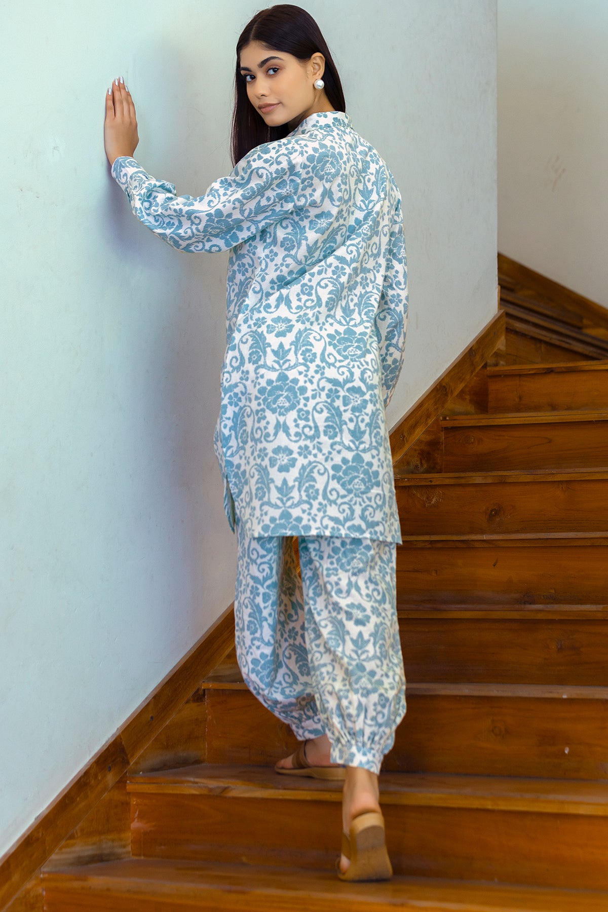 Blue Floral Print Cotton Linen Coord Set