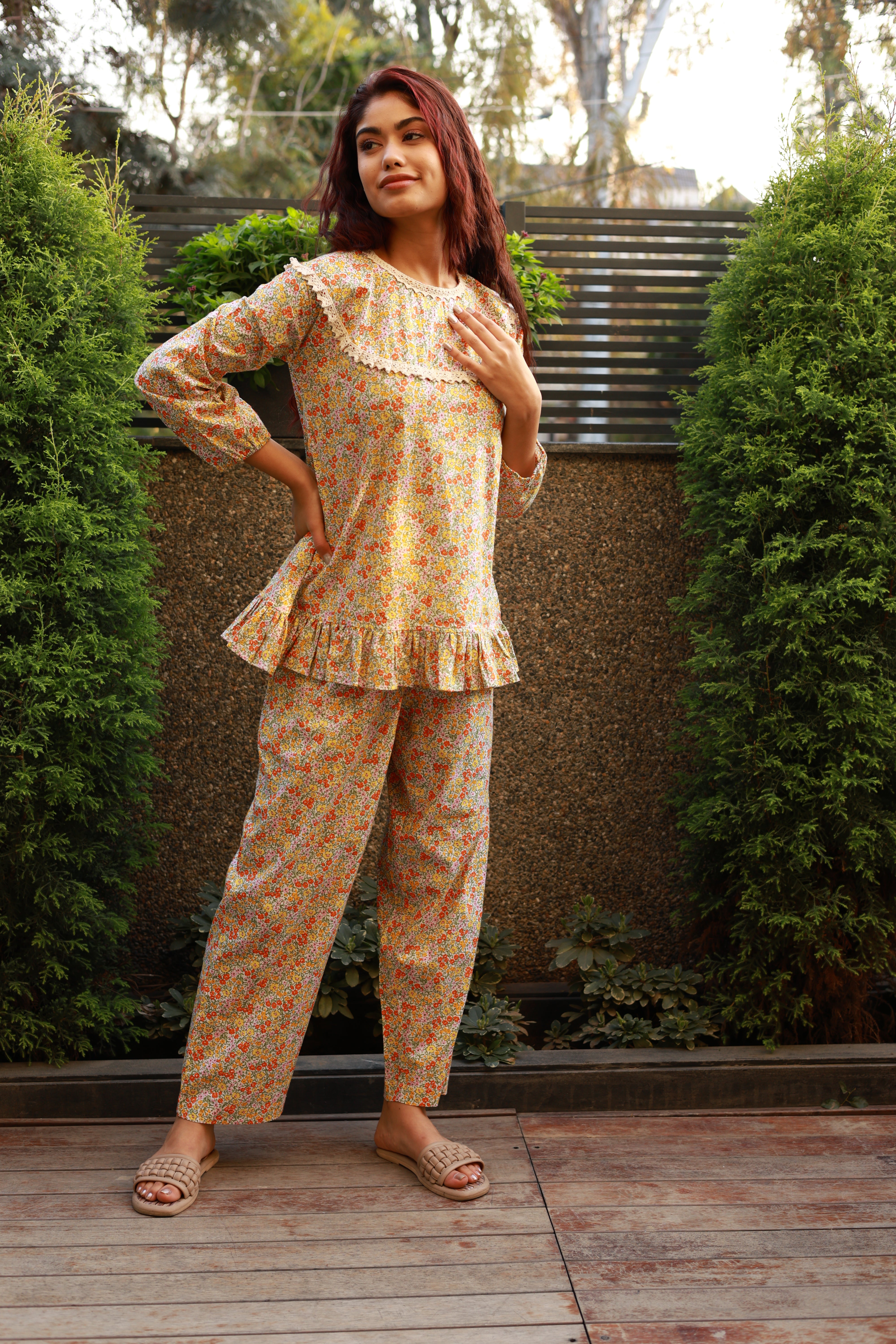 Fine Floral Print Frill Night Suit