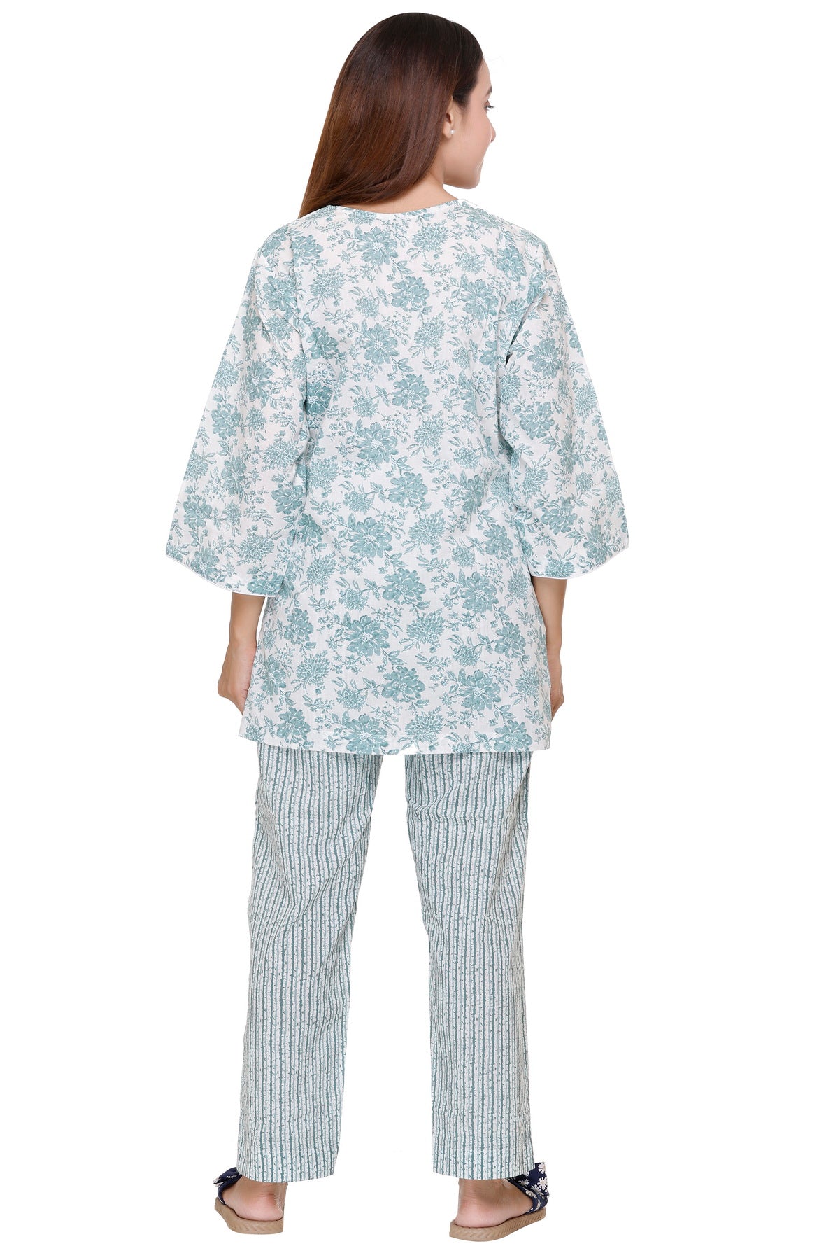 Floral Top with Striped Lower Night suit(Sea Green)