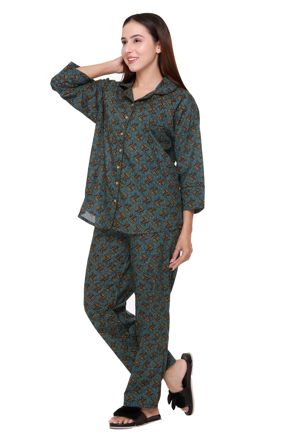 Peacock green with mustard flowers Night Suit