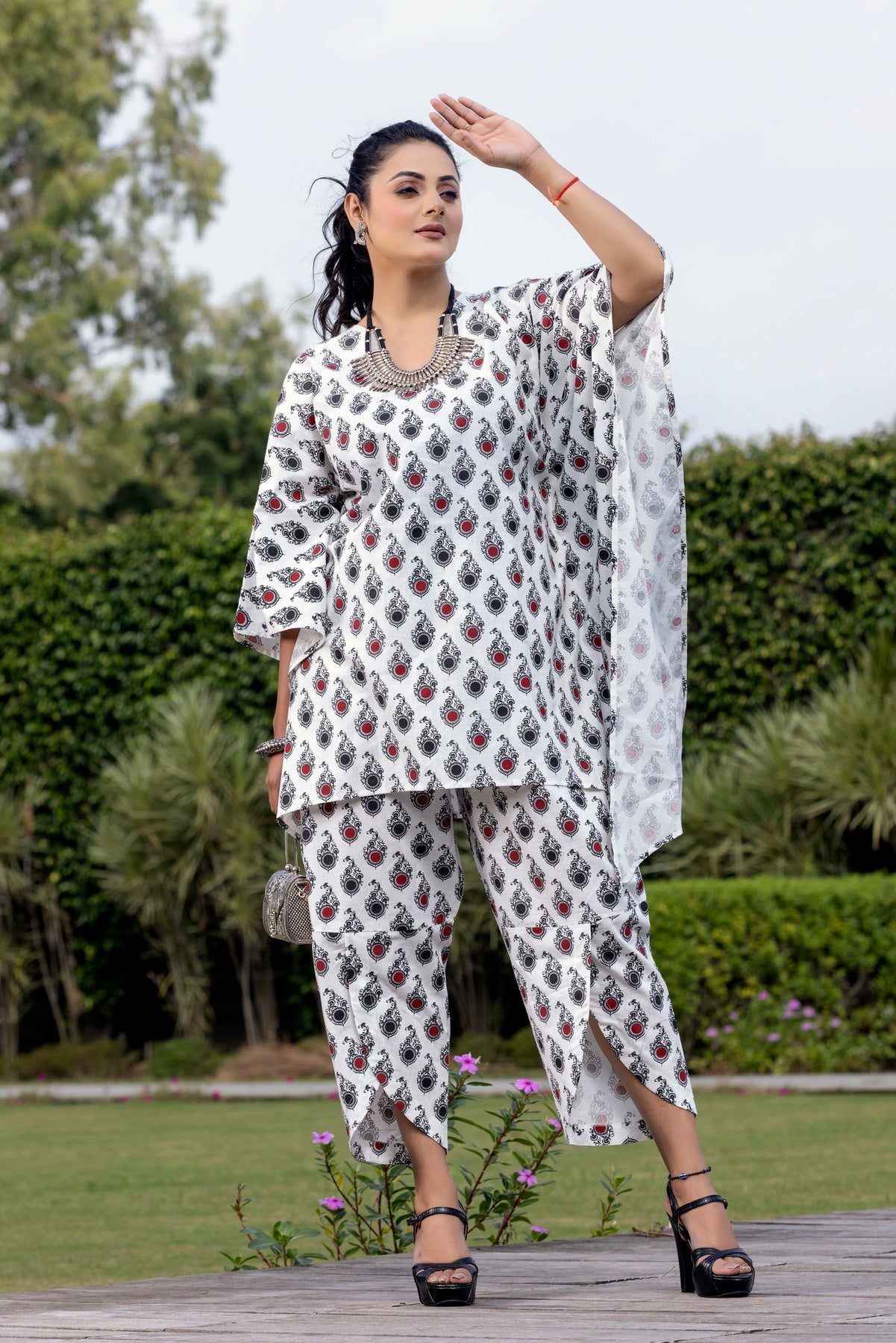 White Kaftan Style Printed Coordset