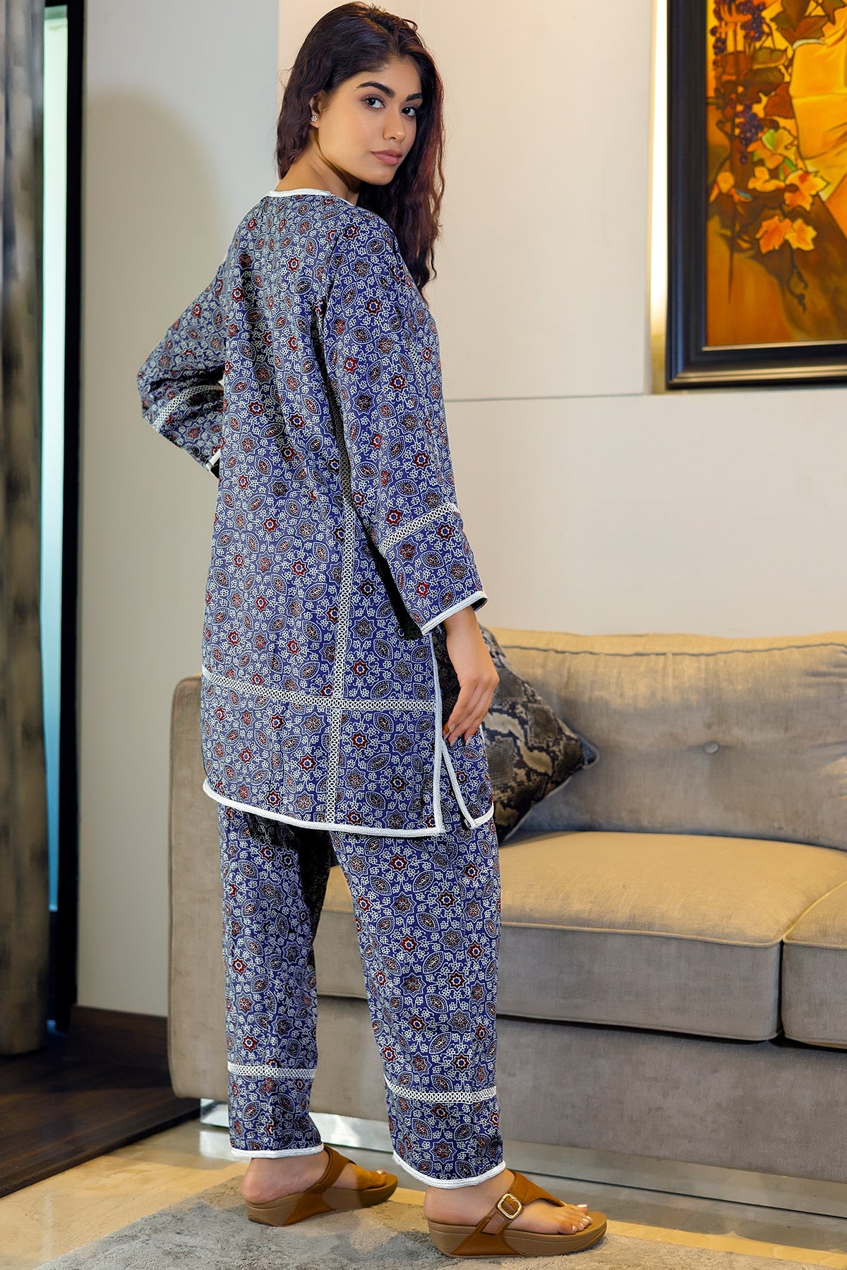 Blue Red Ajrak Print Coord Set