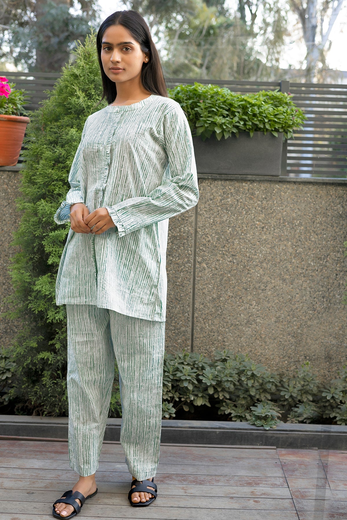 Frill Style Green Stripe Night Suit