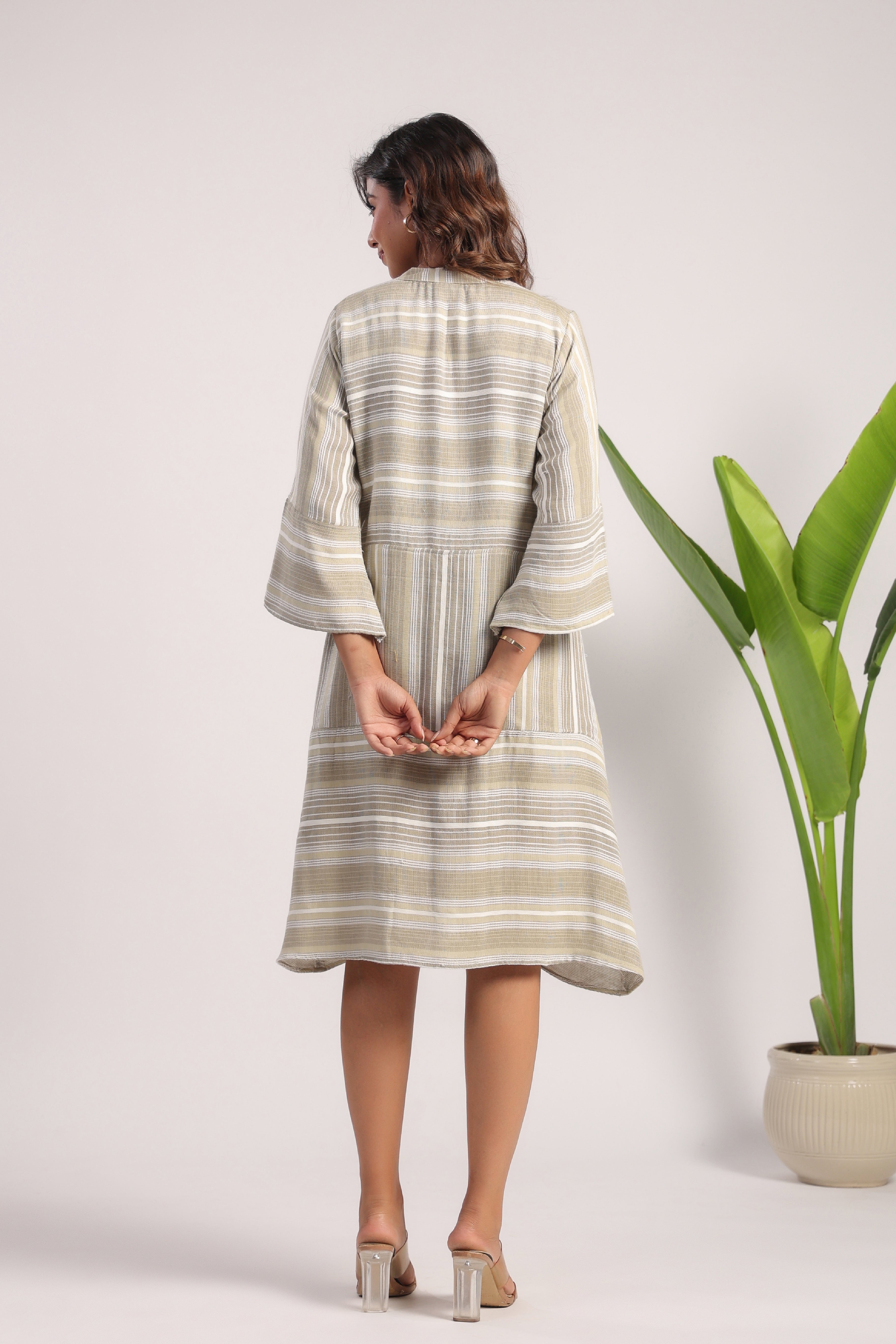 Beige green soft linen dress