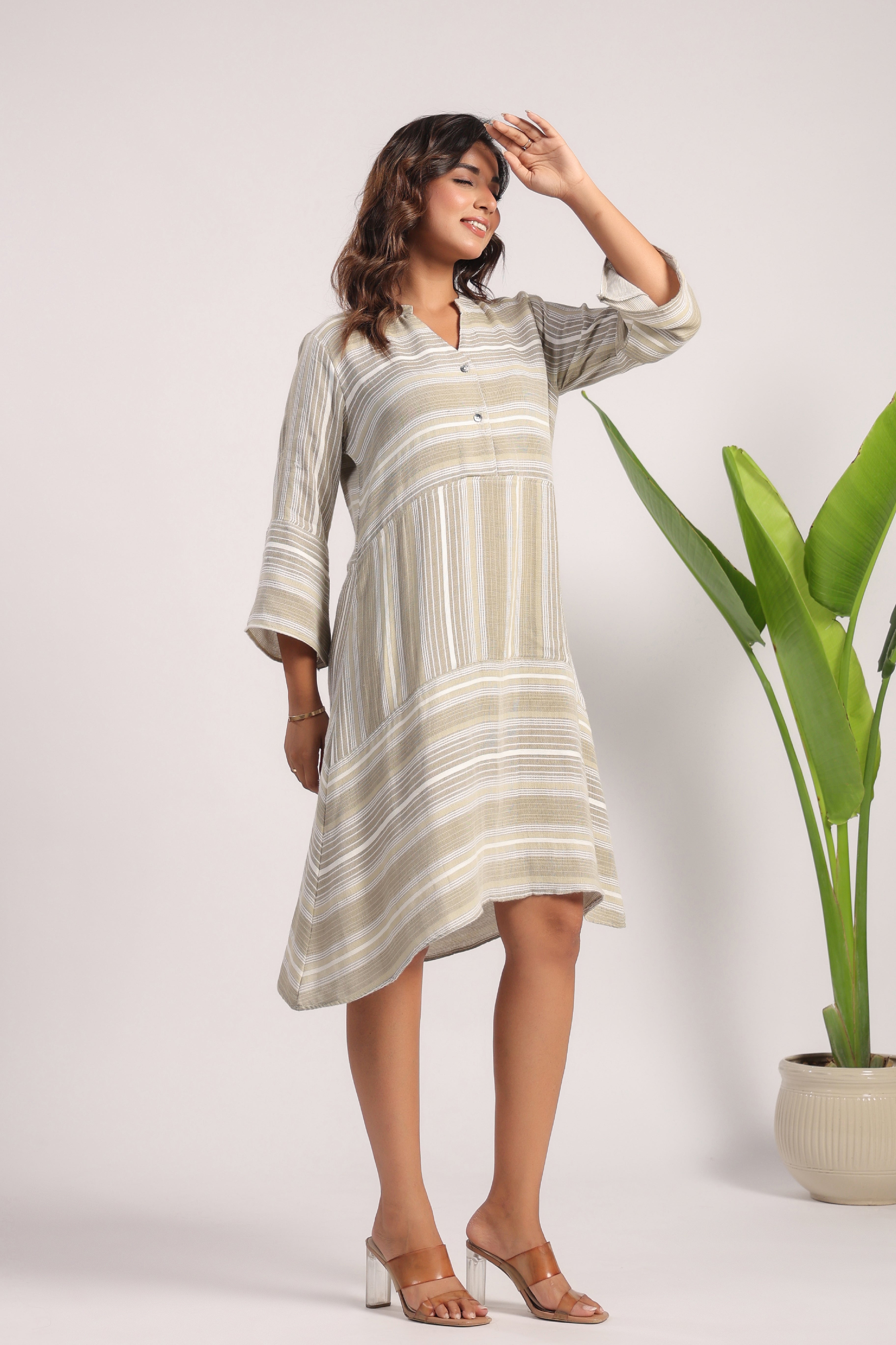 Beige green soft linen dress