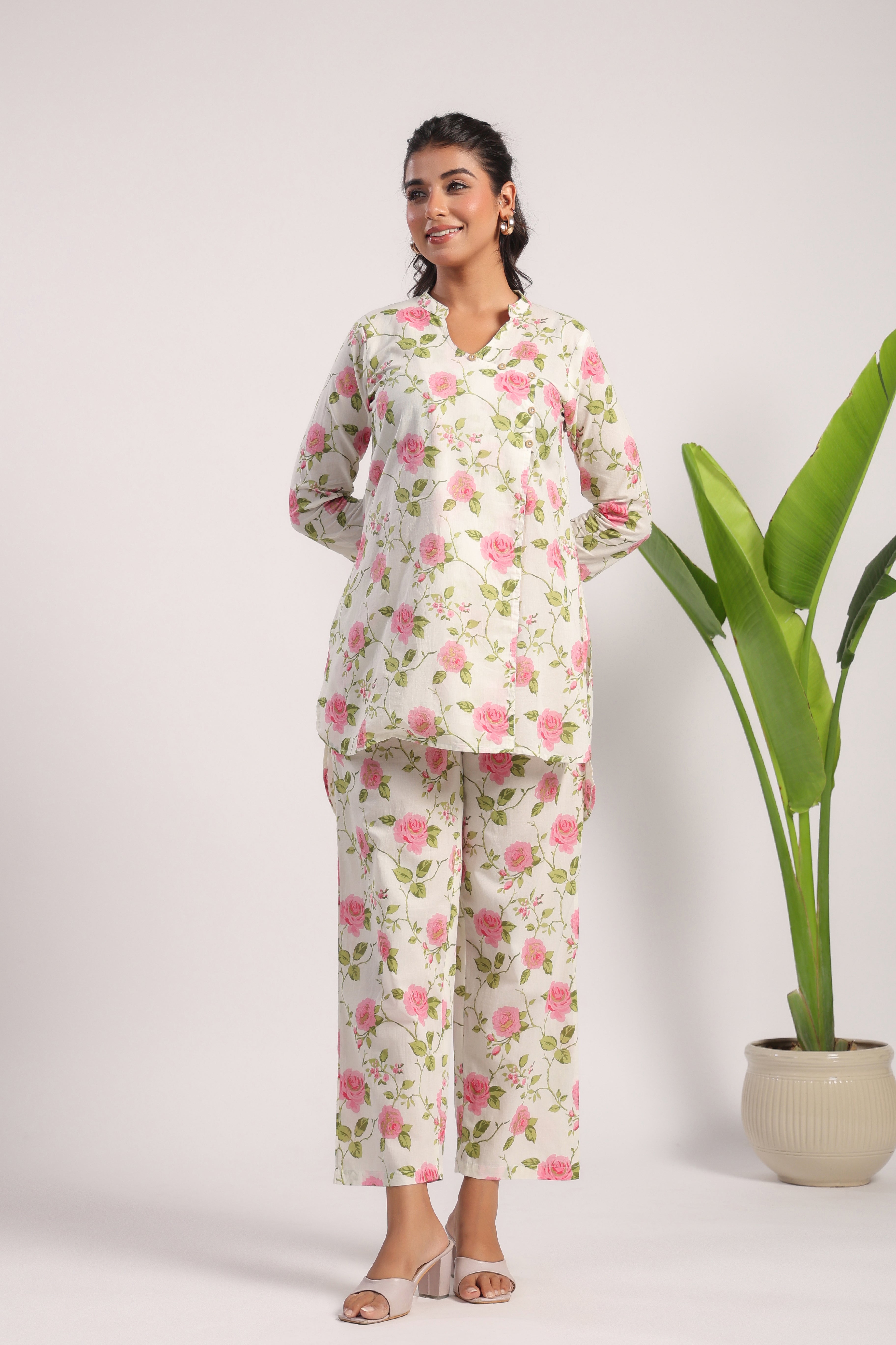 Mauve Rose Print Night Suit