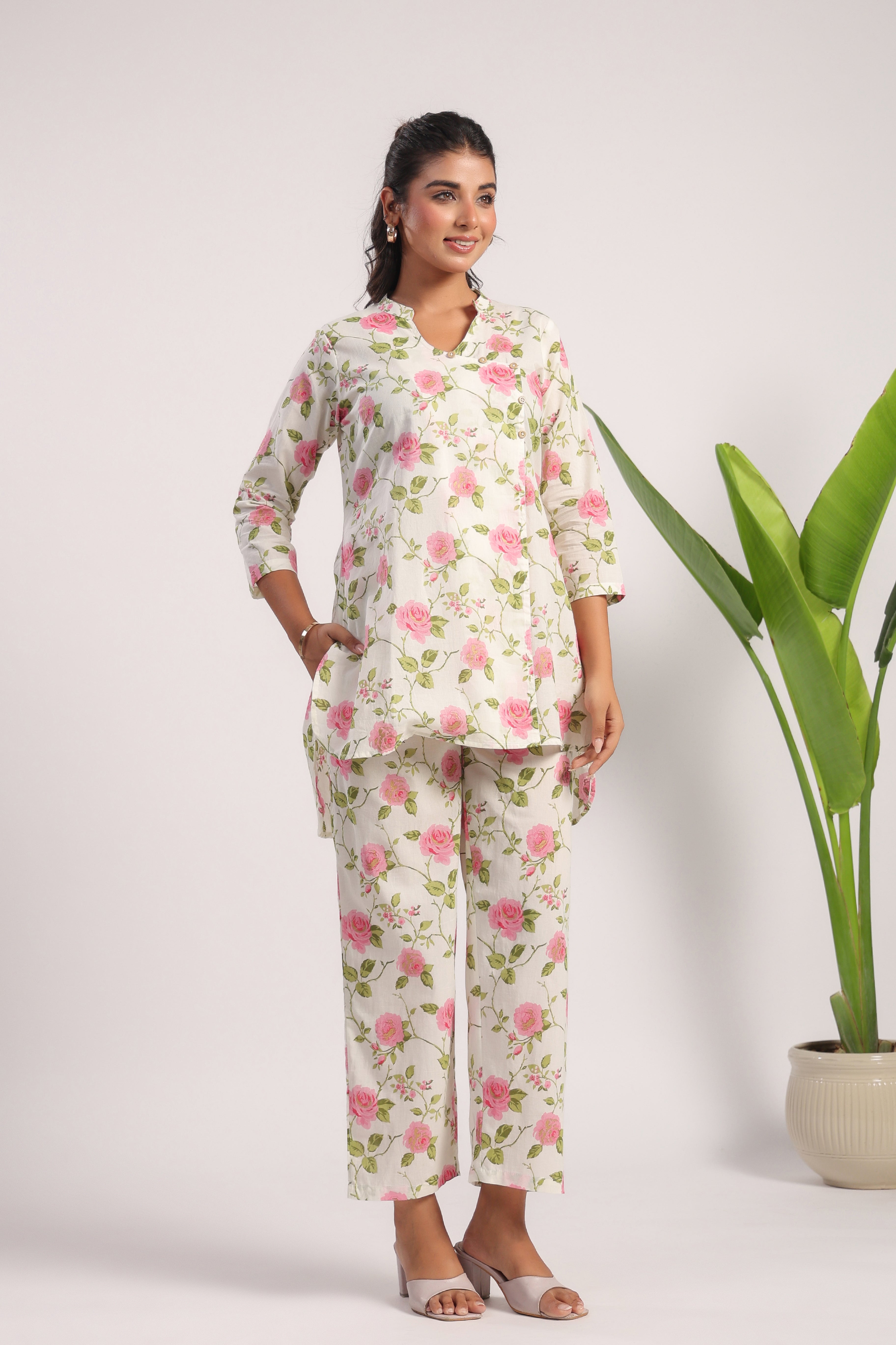 Mauve Rose Print Night Suit