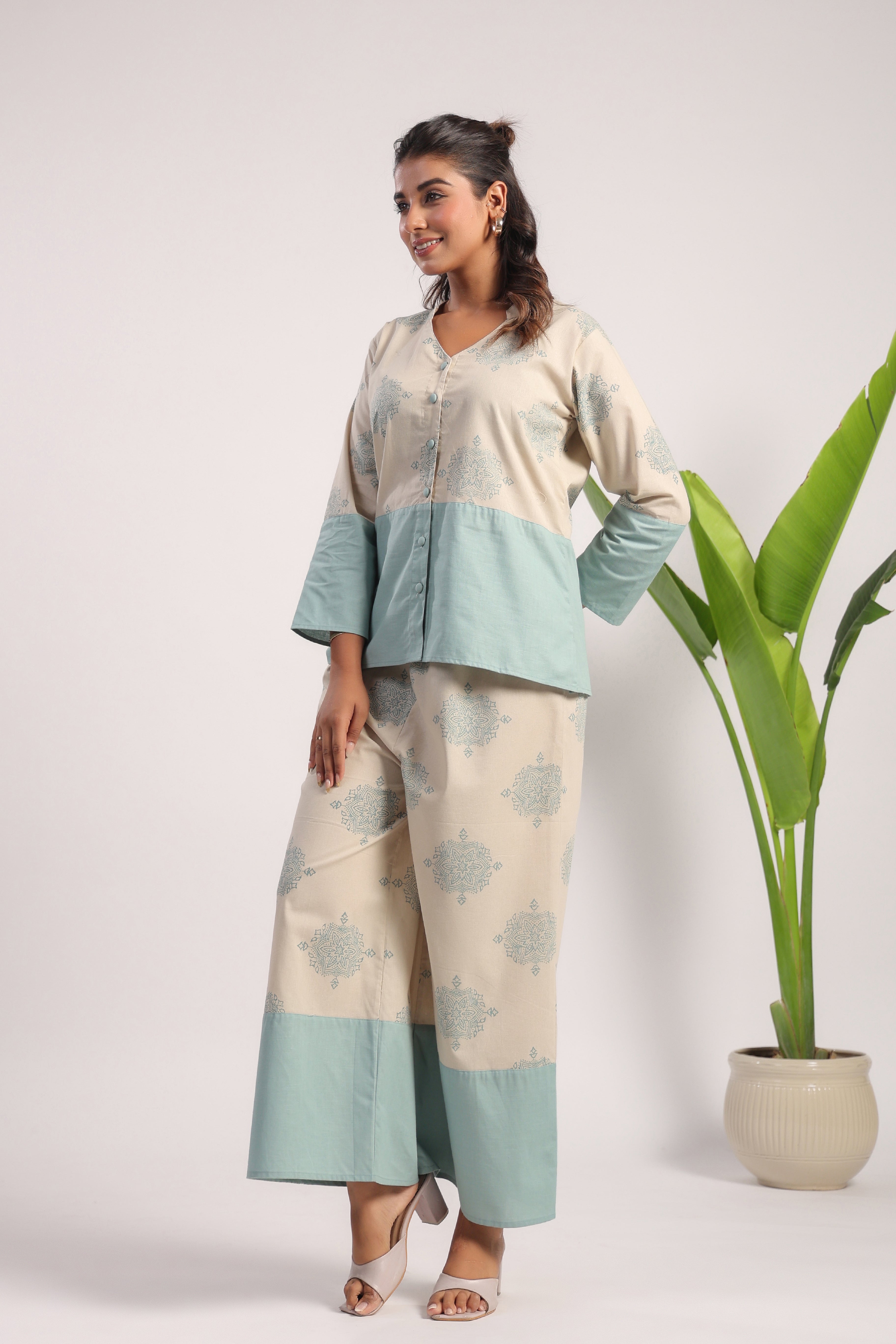 Beige and sea green linen coord set