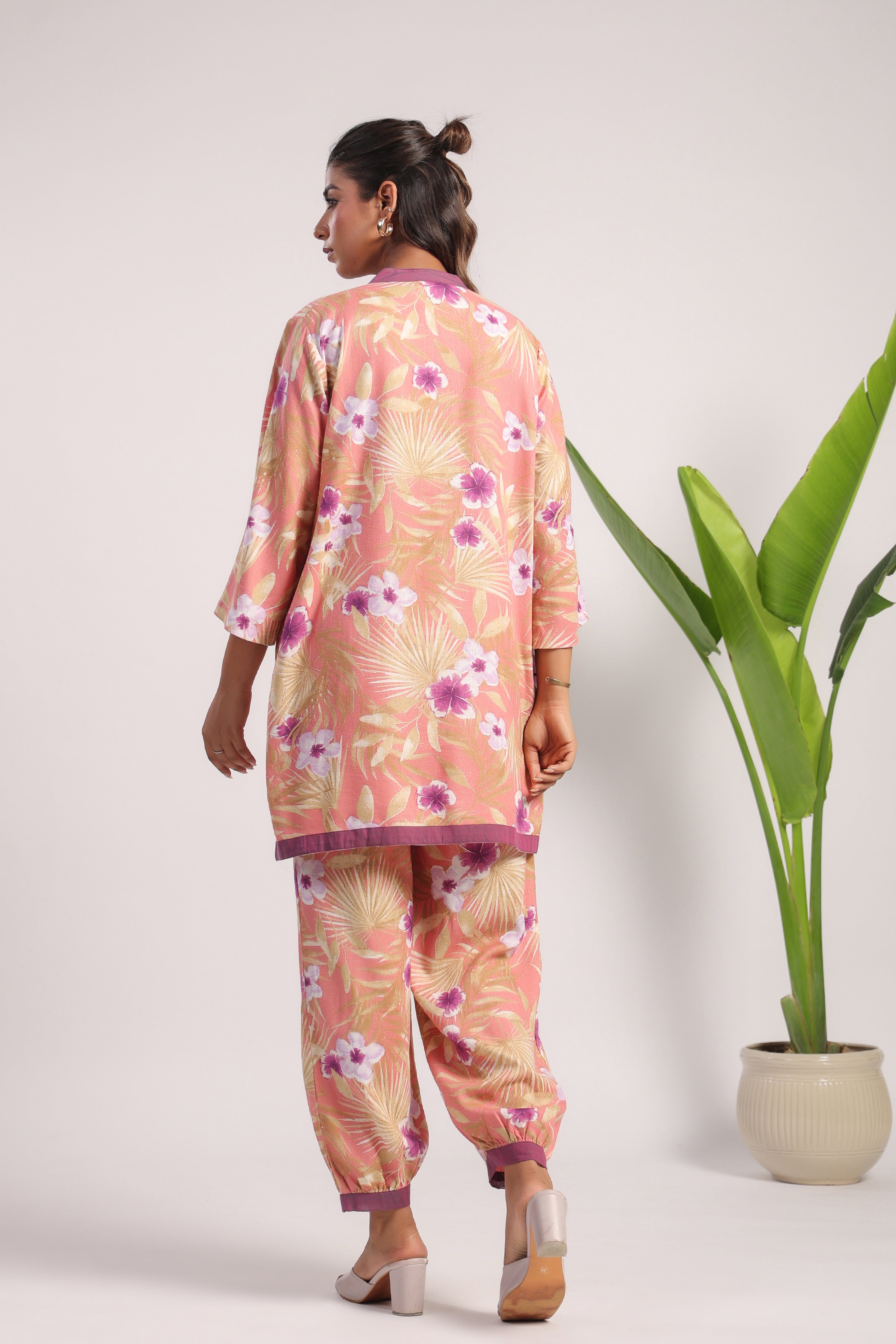 Pink floral printed linen coord set