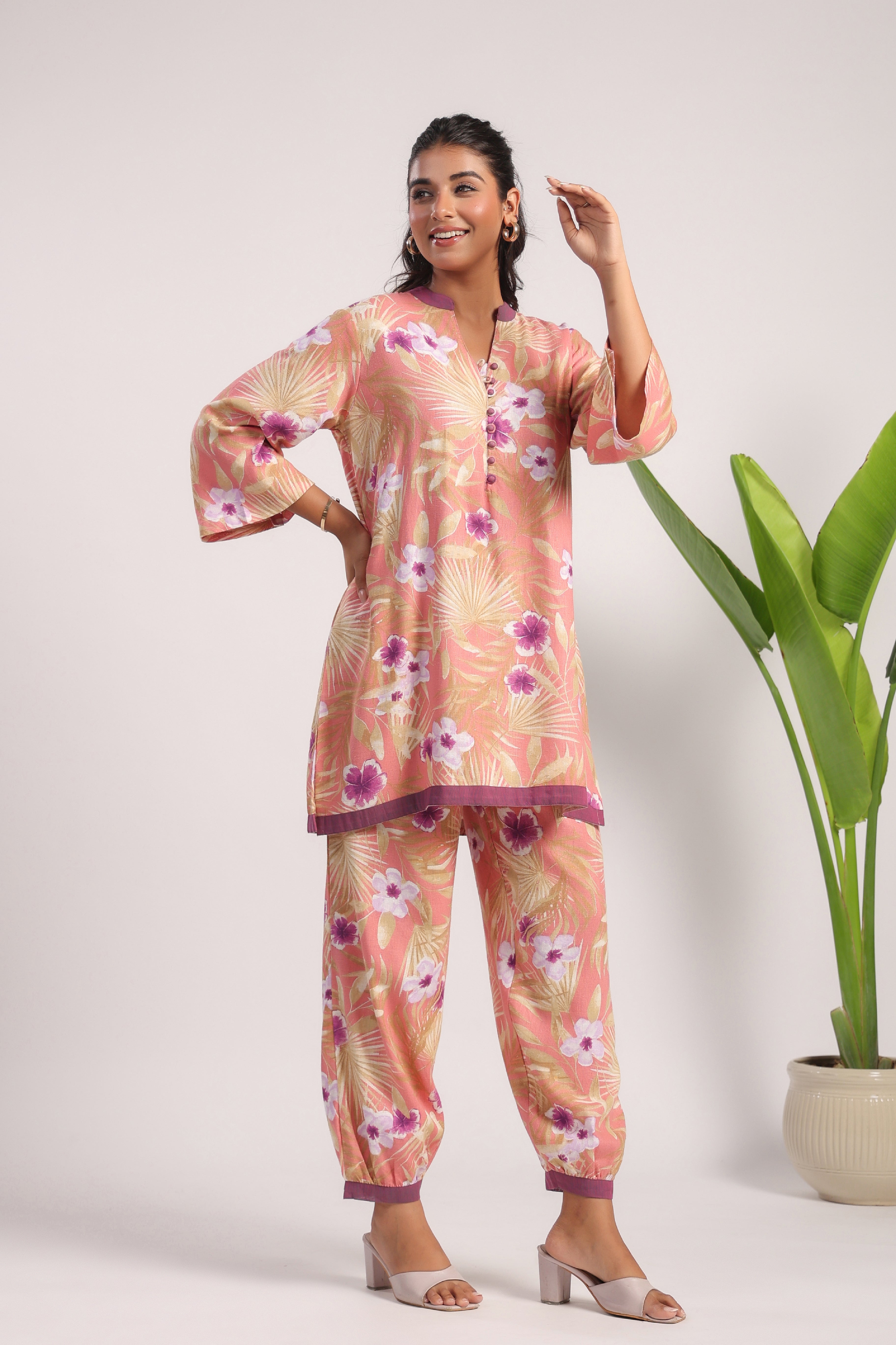 Pink floral printed linen coord set