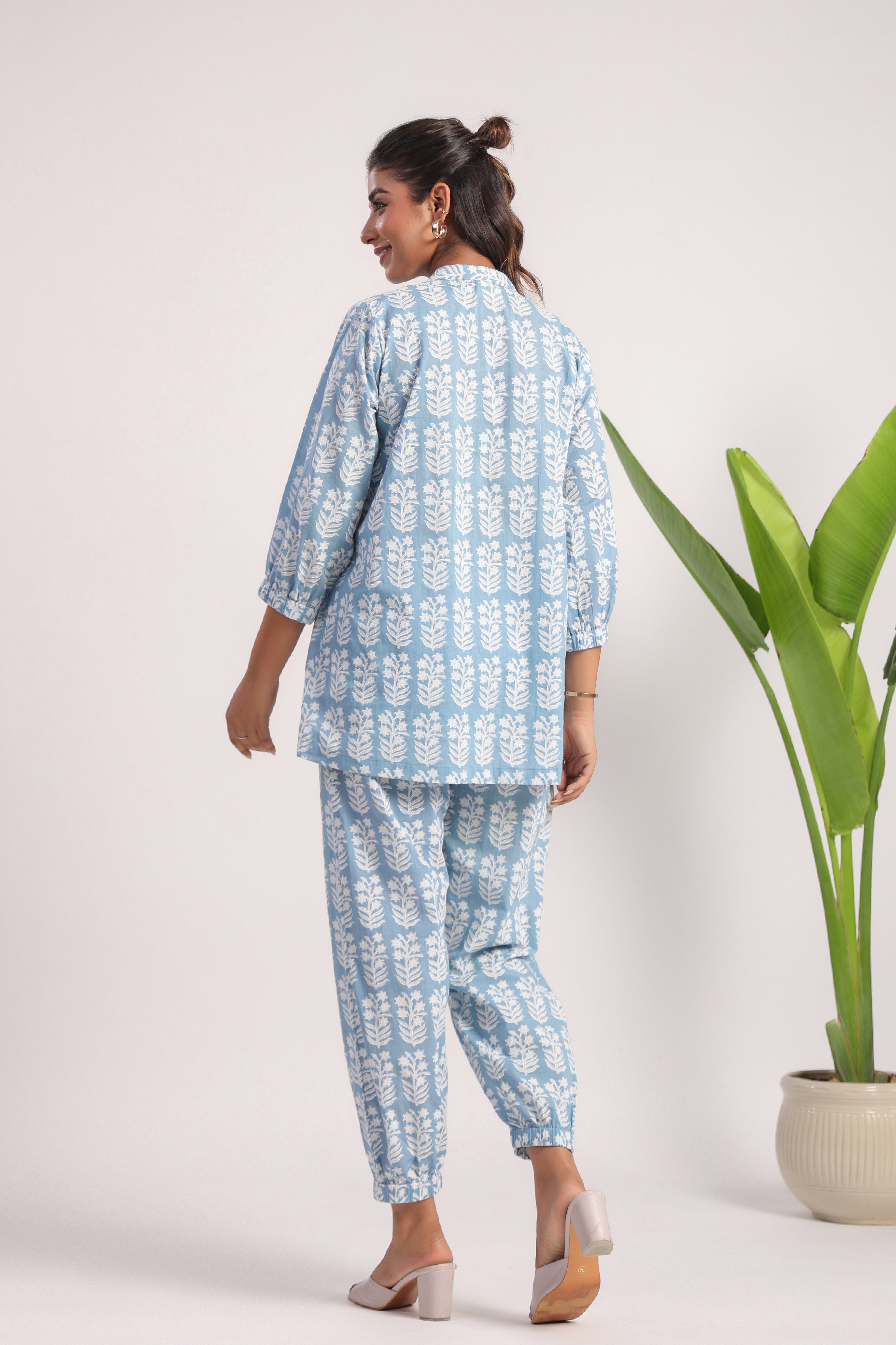 Sky blue block printed cotton coord set