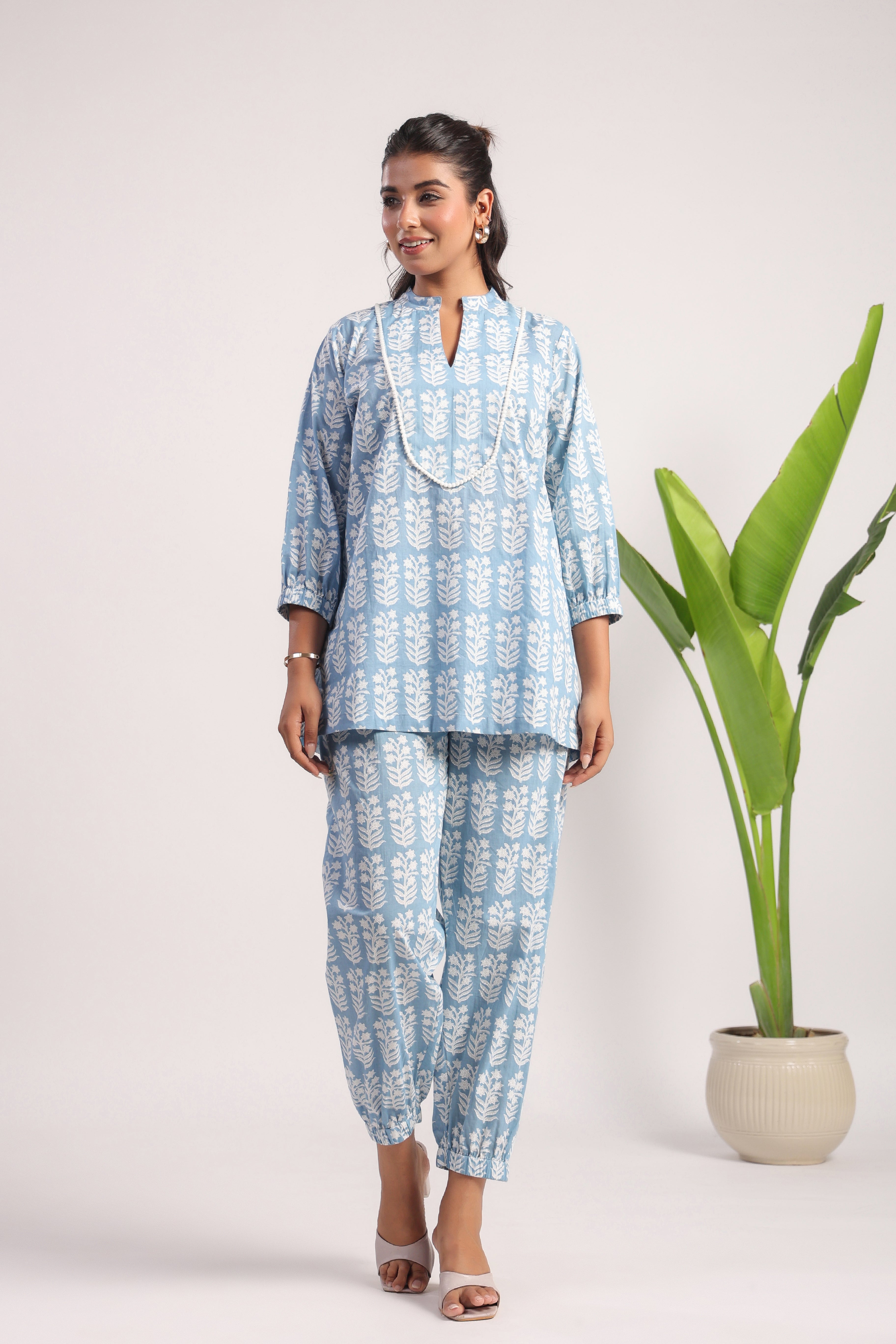 Sky blue block printed cotton coord set