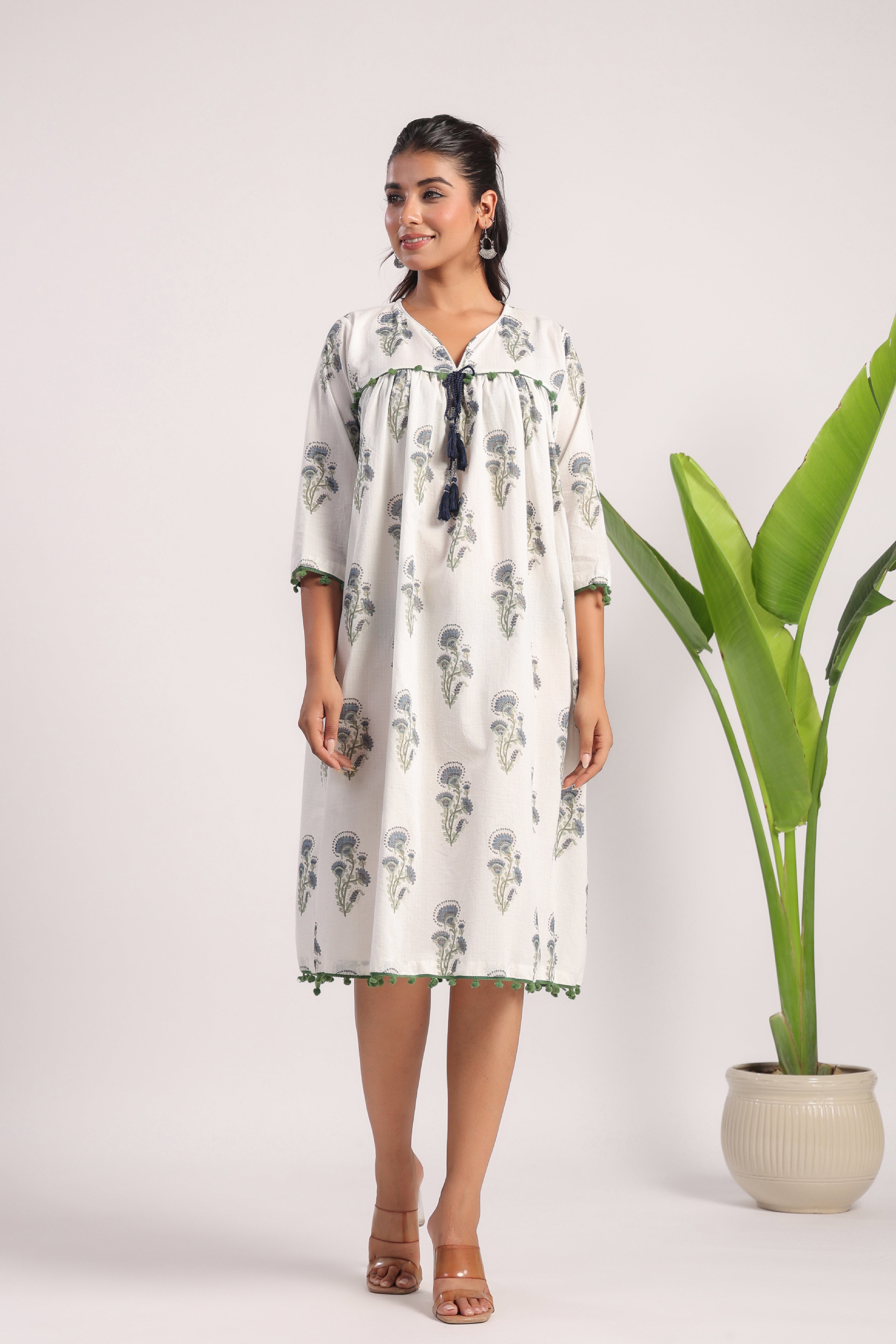 White block printed cotton dress