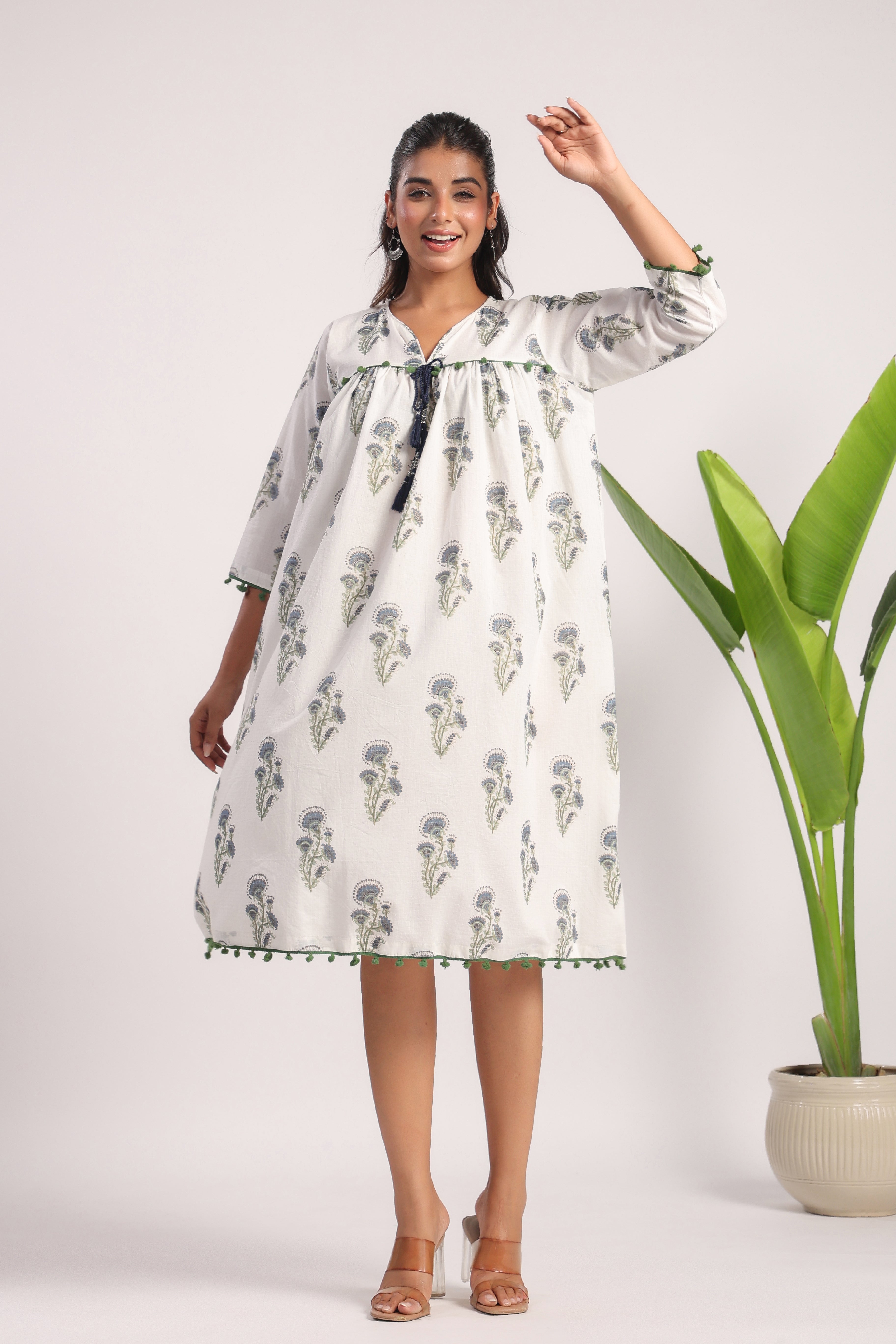 White block printed cotton dress