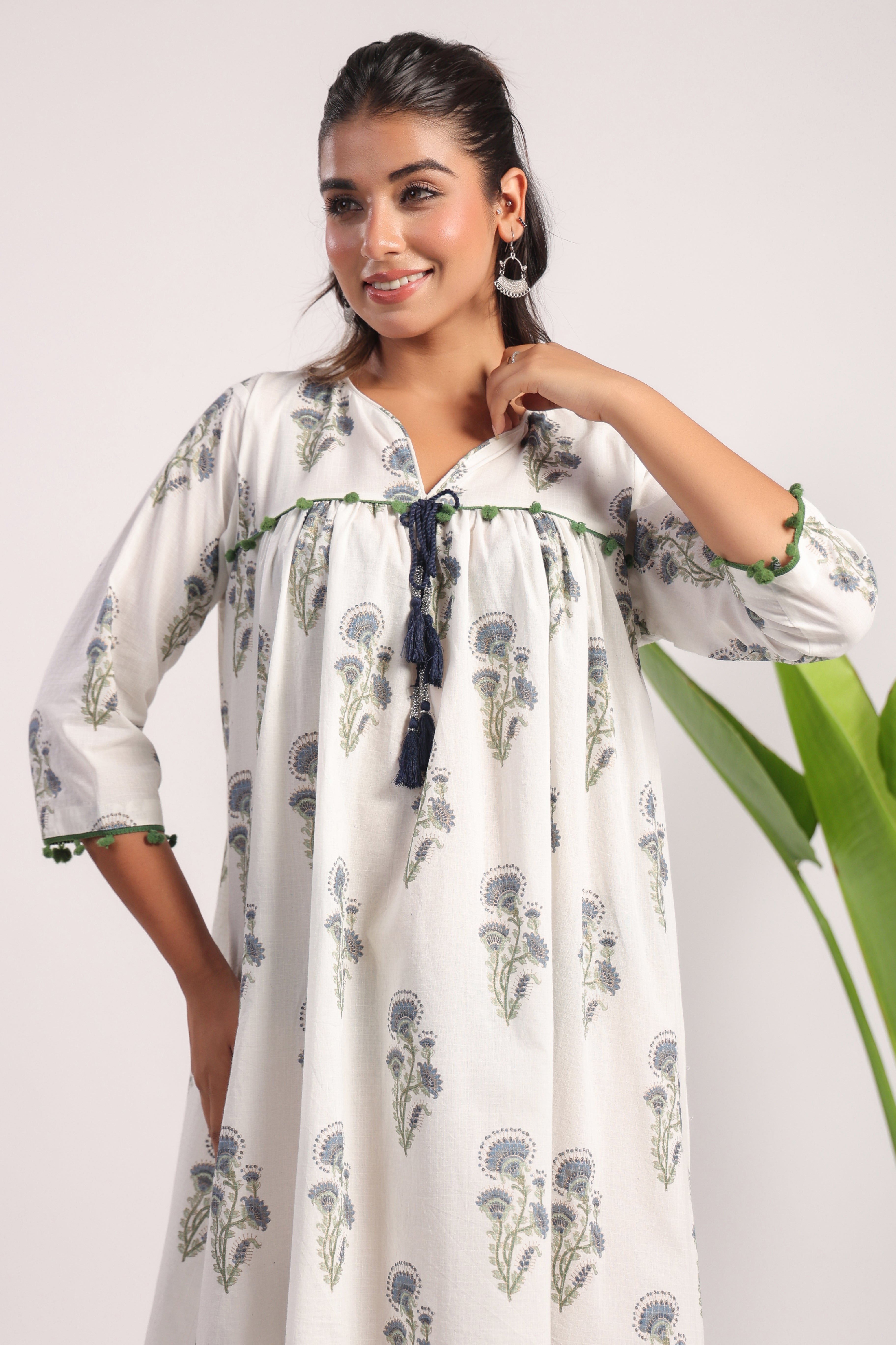 White block printed cotton dress