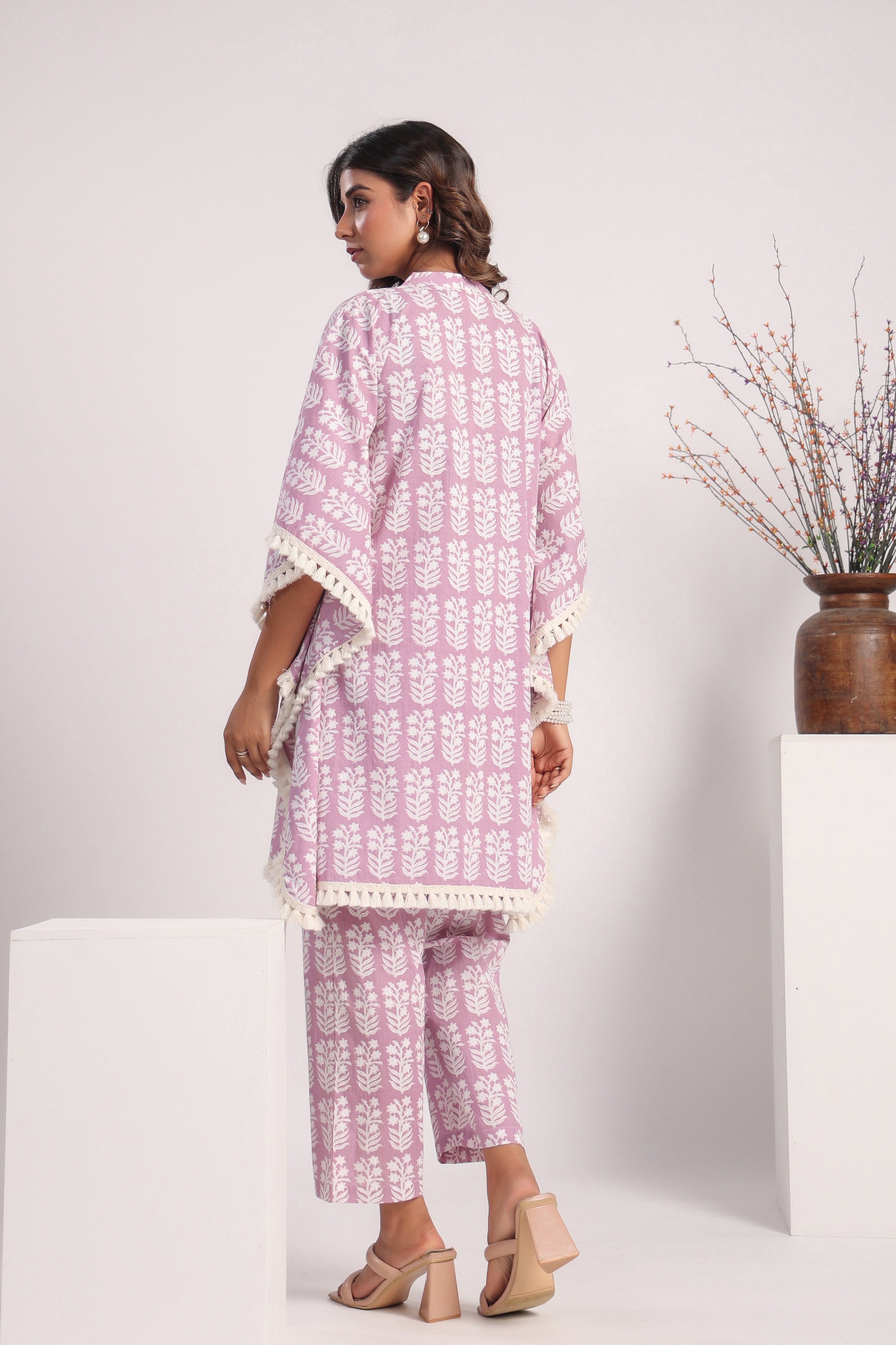 Pink cotton block printed kaftan