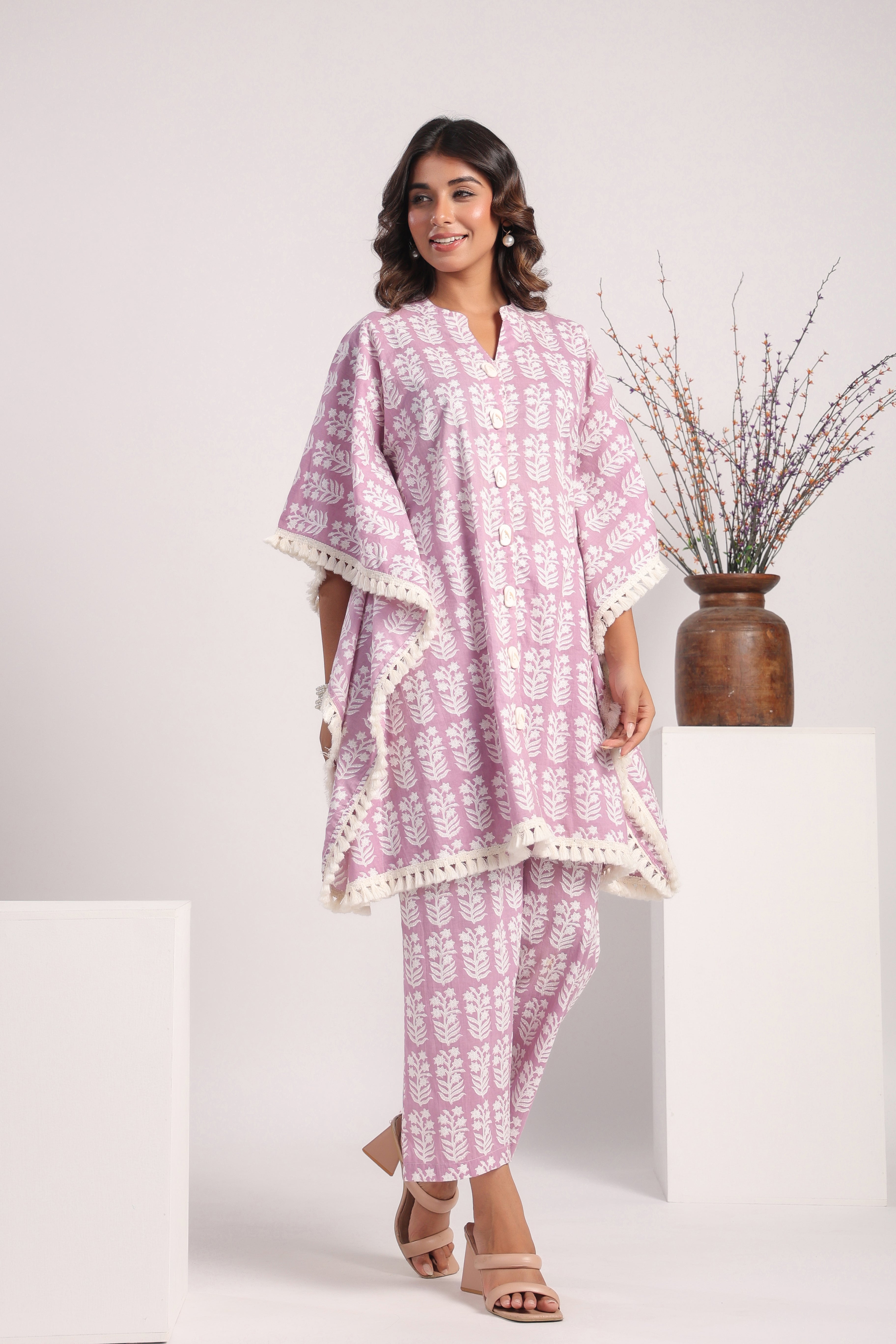 Pink cotton block printed kaftan