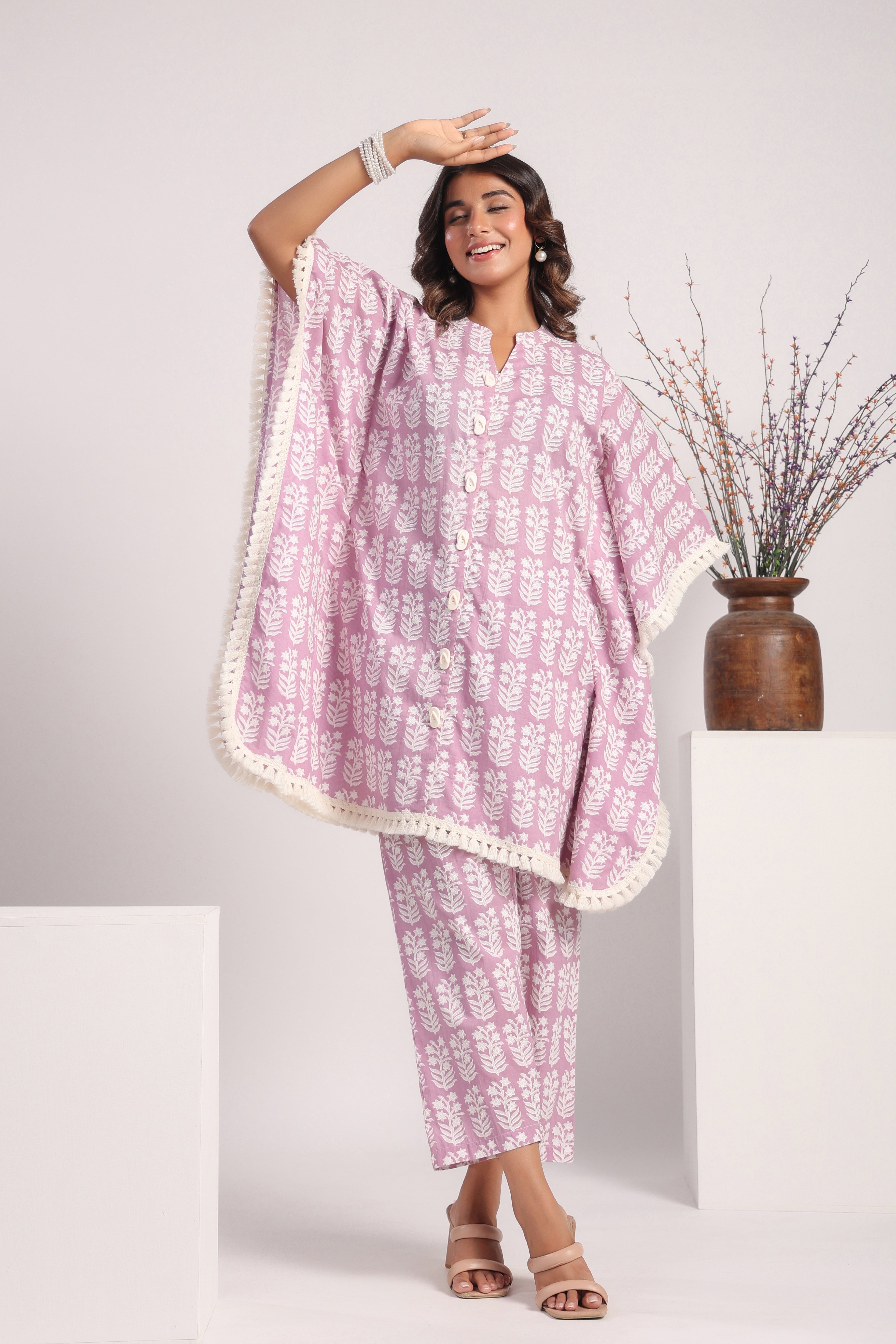 Pink cotton block printed kaftan