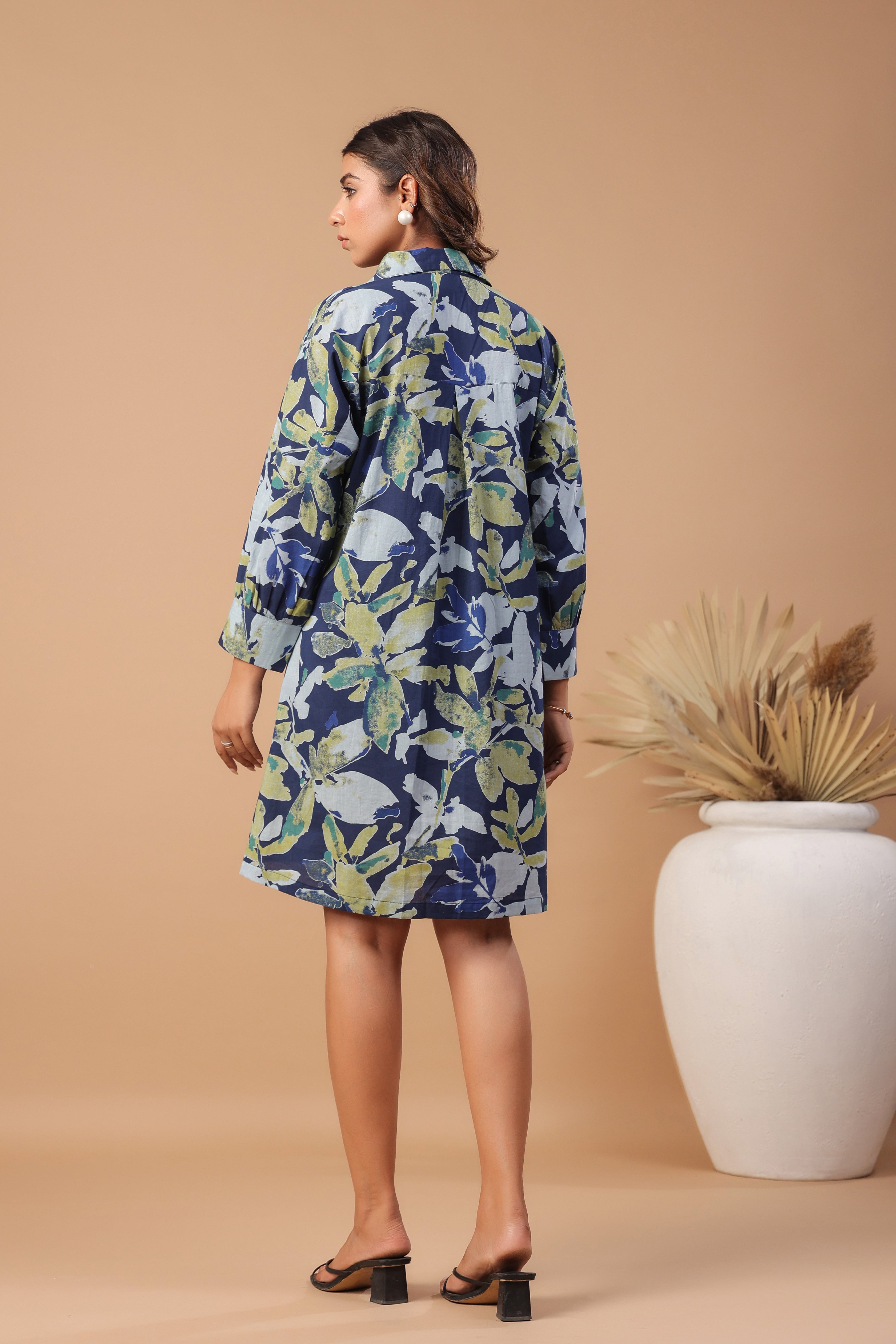 Navy blue floral printed cotton dress