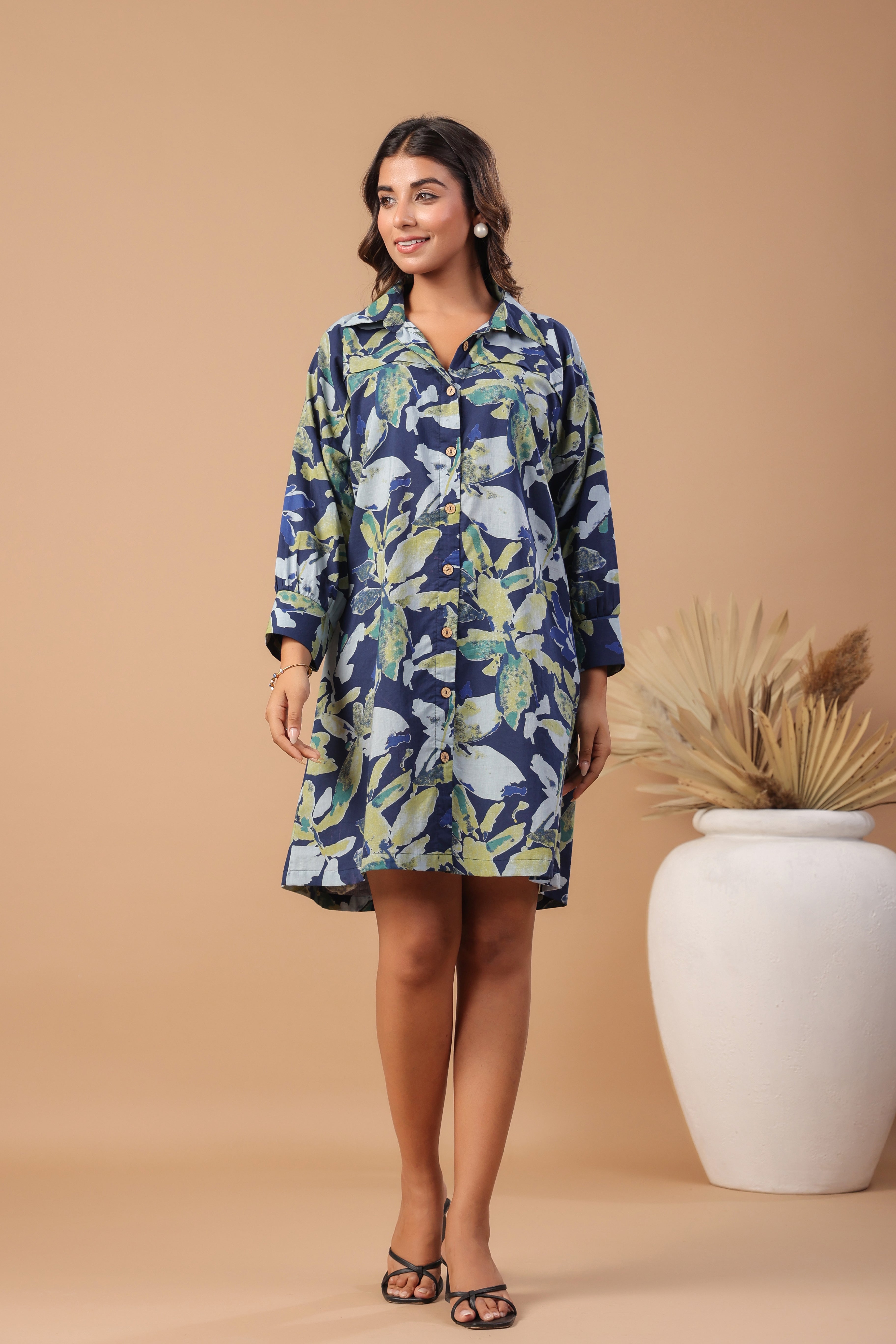 Navy blue floral printed cotton dress