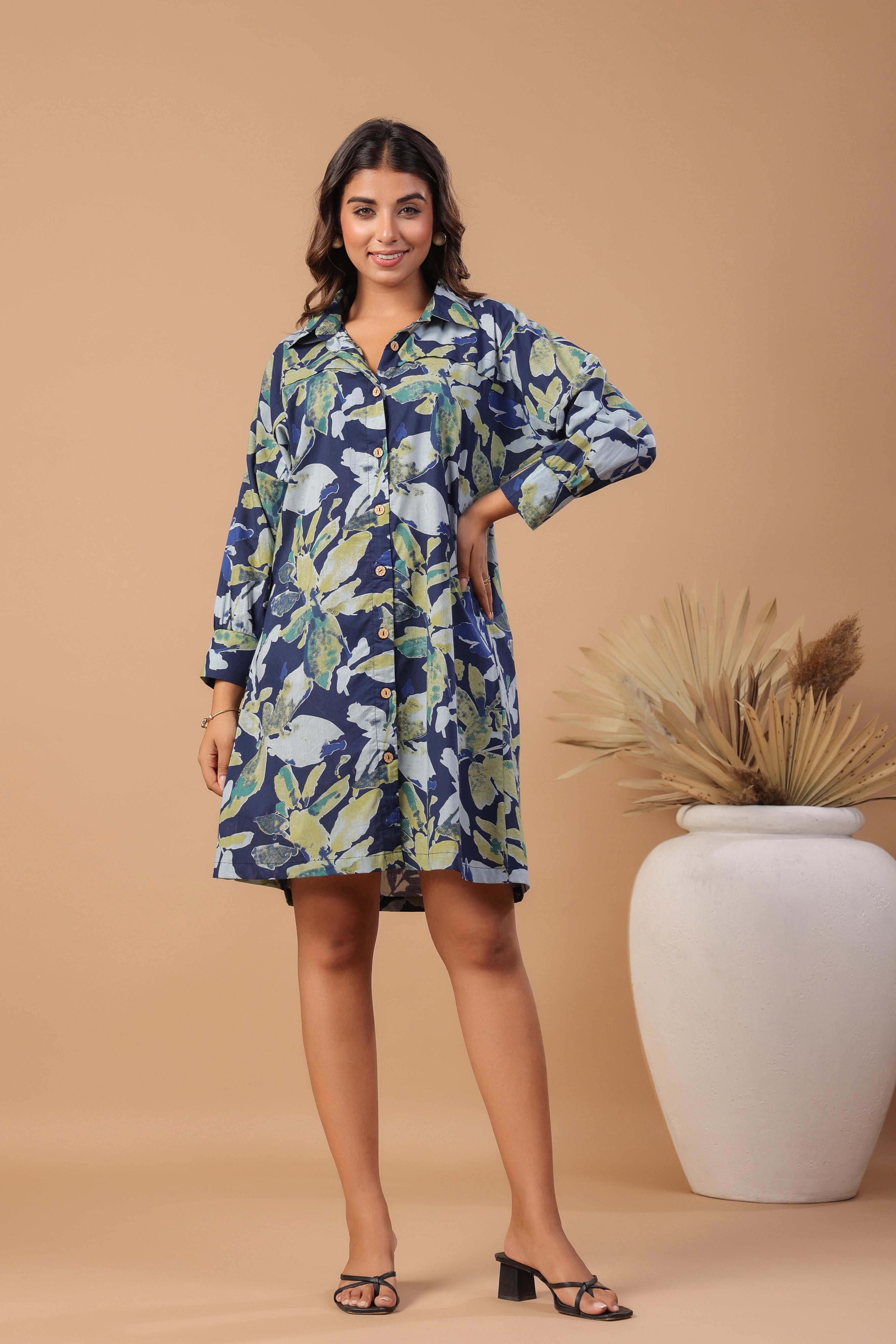 Navy blue floral printed cotton dress