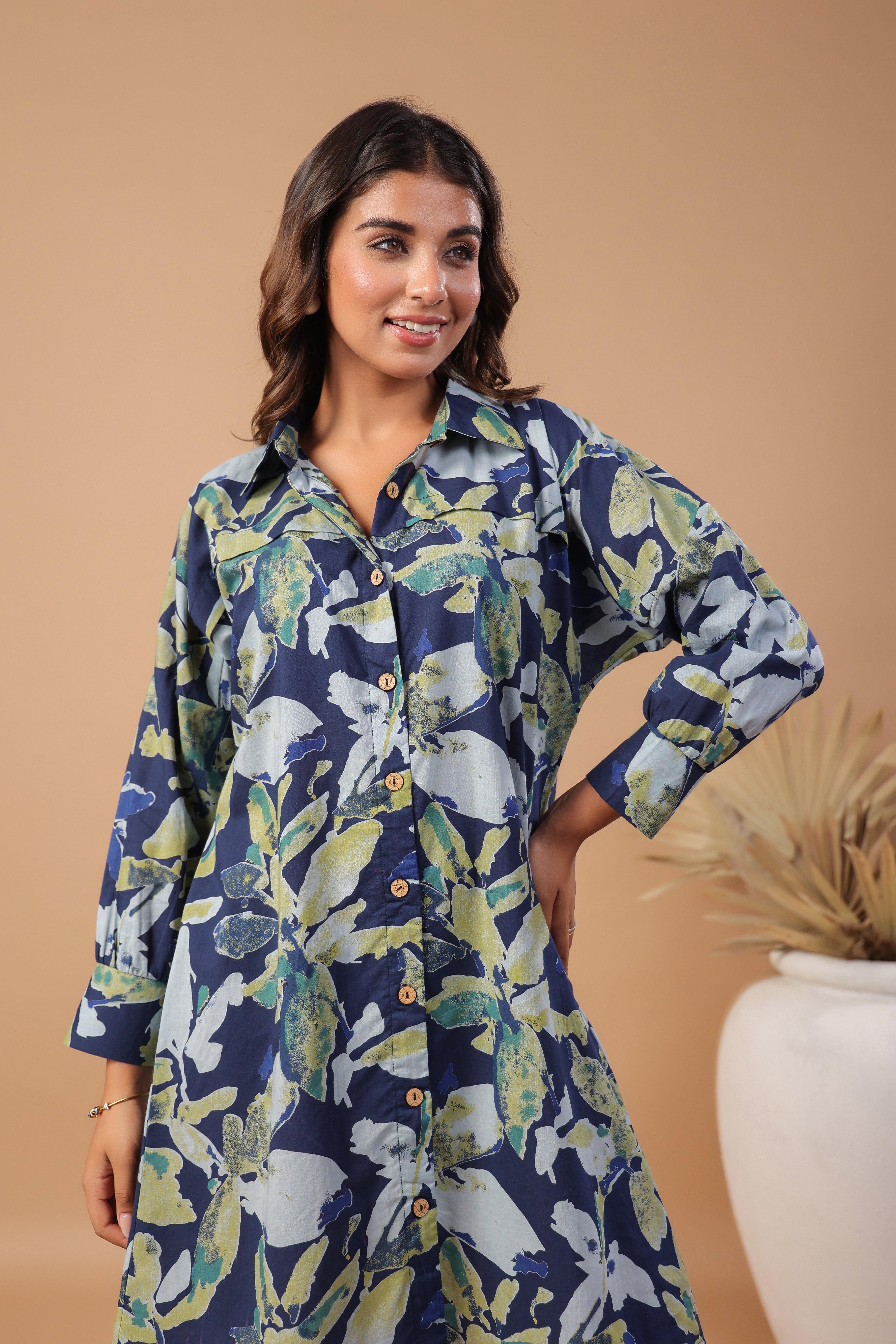 Navy blue floral printed cotton dress