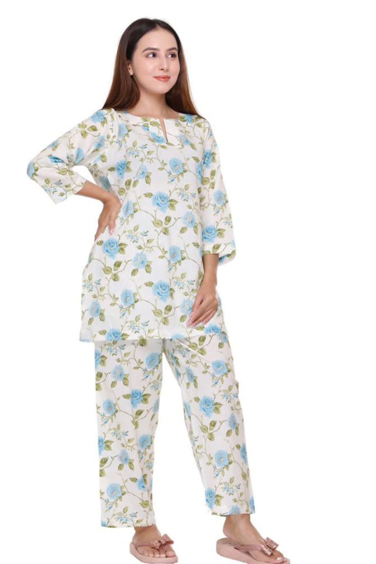 Sky Blue Flower Printed Night Suit