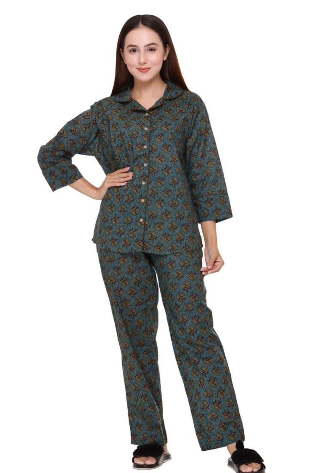 Peacock green with mustard flowers Night Suit